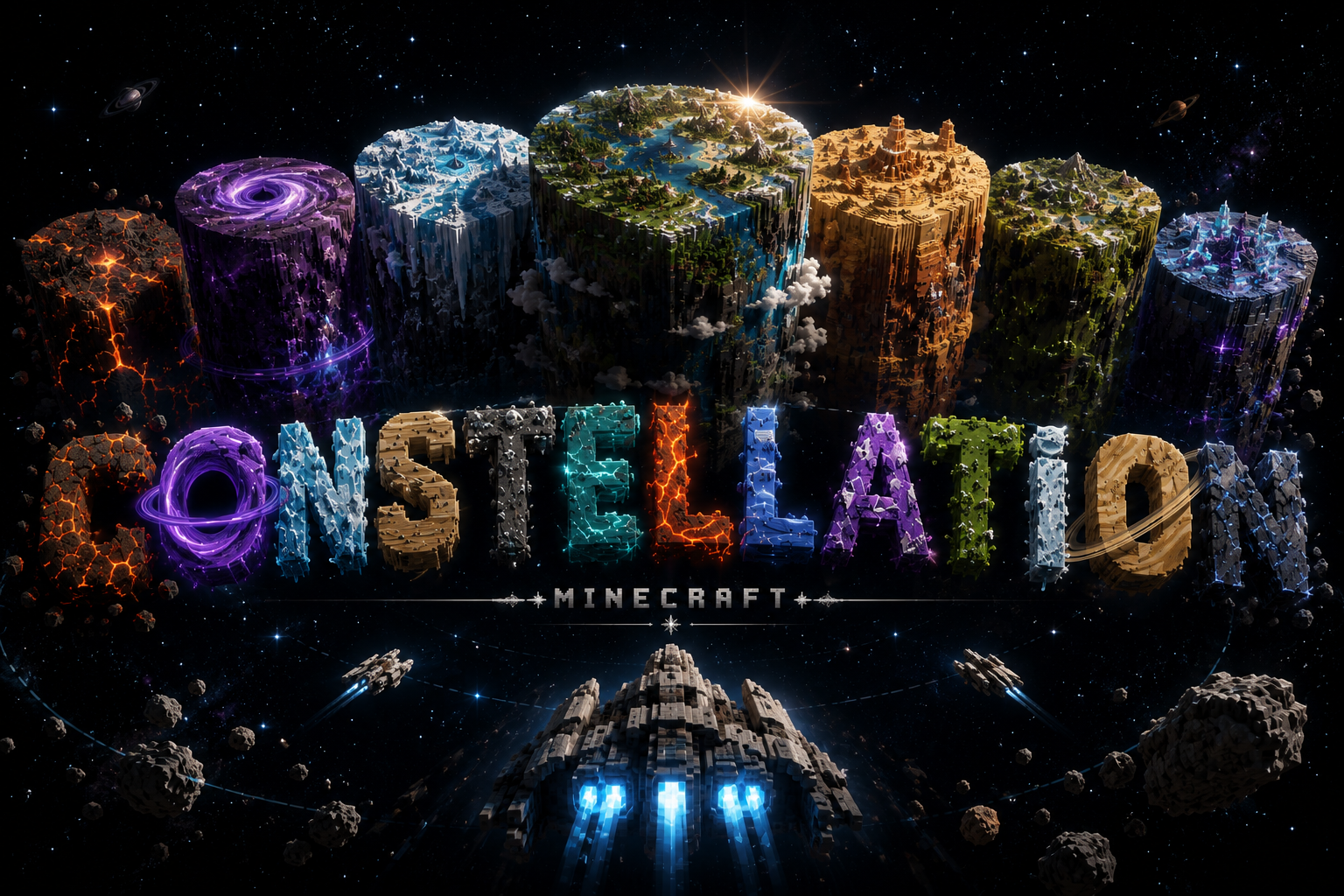 Hub futuriste voxel avec portail lumineux et îles flottantes